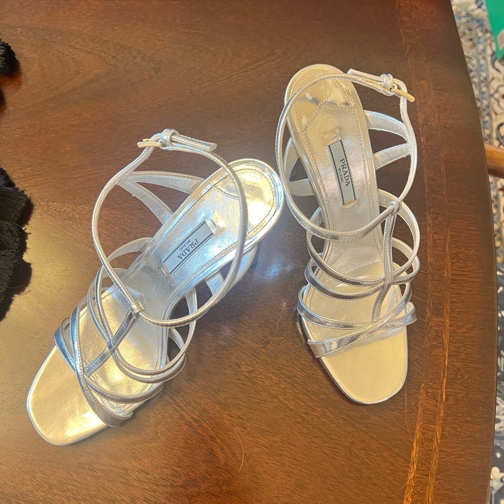 Gently used Prada silver sandal heels. Size 9. - Picture 8 of 9